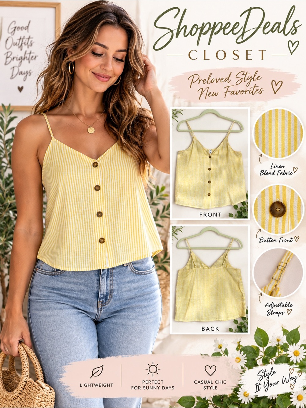 BP. Linen Blend Striped Button-Front Camisole Top